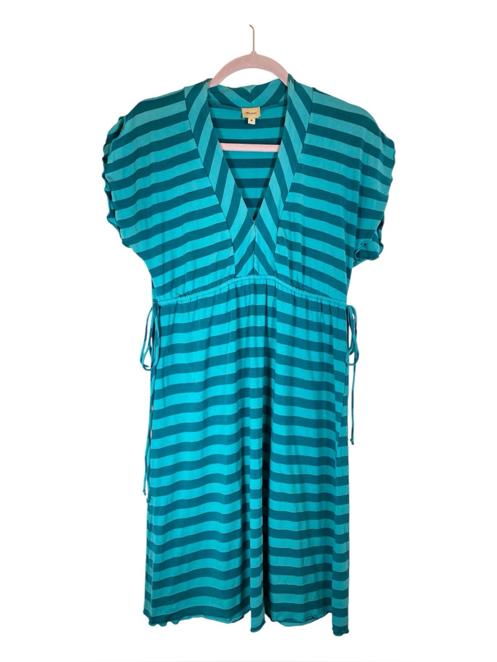 ELLE MOSS Teal & Turquoise Striped V-Neck Dress Adjustable Waist Ties‎ M